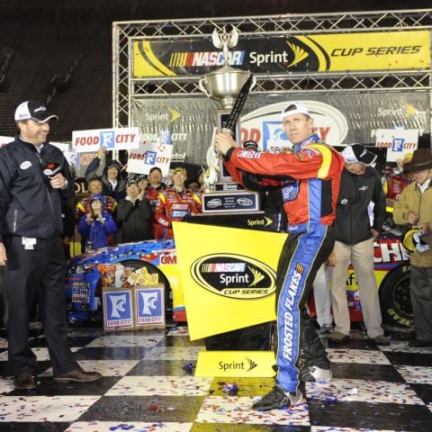 Carl Edwards was the first to receive a BMS Gladiator Sword in Victory Lane following his 2014 Food City 500 victory.