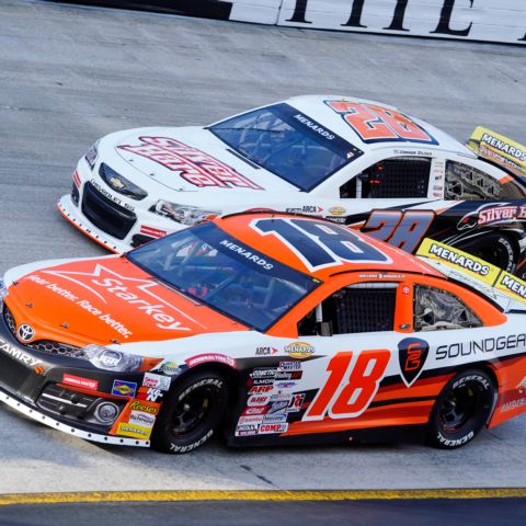 William Sawalich (18) edged out his season long rival Connor Zilisch (28) for the ARCA East championship after winning the Bush's Beans 200 Thursday at Bristol Motor Speedway.