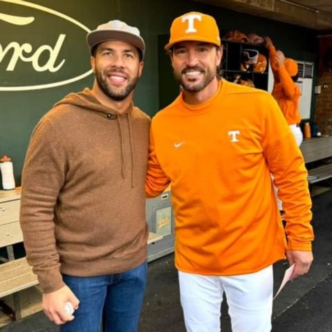 NASCAR Cup Series star Bubba Wallace (left) met with Tennessee Vols head coach Tony Vitello after throwing out the first pitch in the March 5 UT-Xavier game.