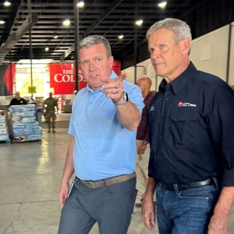 BMS President Jerry Caldwell (left) gives a tour of the Northeast Tennessee Disaster Relief Center to Tennessee Governor Bill Lee Monday.