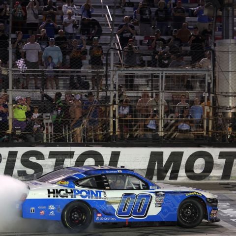 Cole Custer performs a celebratory burnout after winning Friday night's Food City 300 at Bristol Motor Speedway.