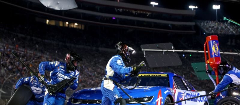 Kyle Larson's pit crew was on point during the Bass Pro Shops Night Race keeping his car up front all night.