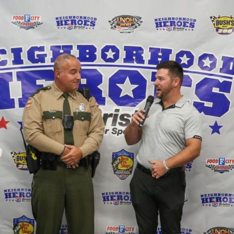 Knoxville driver Chad Finchum was on hand today helping with the announcement of the BMS Neighborhood Hero for his hometown, Billy Yates-Matoy who serves as both a Tennessee Highway Patrol officer and a member of the Tennessee National Guard.