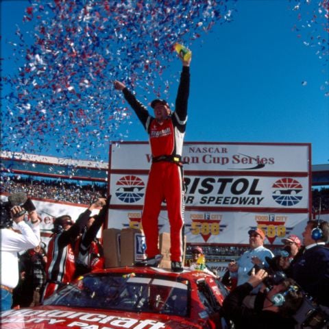 Elliott Sadler had a wild celebration after winning at BMS in 2001 for the Wood Brothers. It was his first career Cup victory.