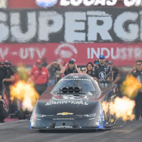 Austin Prock powered to the qualifying lead in Funny Car Saturday at the Super Grip NHRA Thunder Valley Nationals at Bristol Dragway.