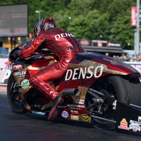 Multi-time NHRA champ Matt Smith from nearby Winston-Salem, N.C., took the qualifying lead in Pro Stock Motorcycle Friday at historic Bristol Dragway.