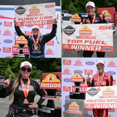 From left to right, clockwise: Austin Prock, Clay Millican, Matt Smith and Erica Enders raced to Mission #2Fast2Tasty bonus victories Saturday at the Super Grip NHRA Thunder Valley Nationals at Bristol Dragway.
