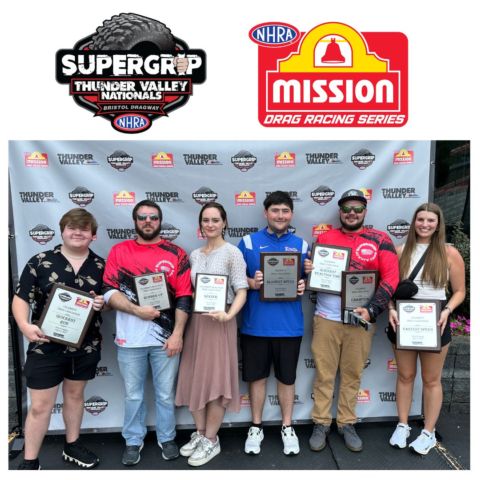 All the winners from the NHRA Celebrity Drag Challenge event recently at Bristol Dragway, from left to right, Jeremy Ray Taylor (quickest time); Matt Wilson (Reaction Time Challenge runner-up); Hallee Brooks (Reaction Time Challenge winner); Carter Dorton (Slowest Speed); Sean Embree (winner and quickest reaction time); Lauren Bradford (runner-up and fastest speed).