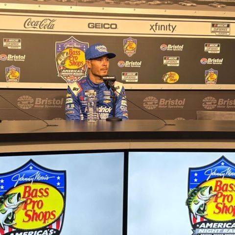 Kyle Larson met with media in the Bristol Motor Speedway Media Center Saturday after winning the crown jewel Bass Pro Shops Night Race.