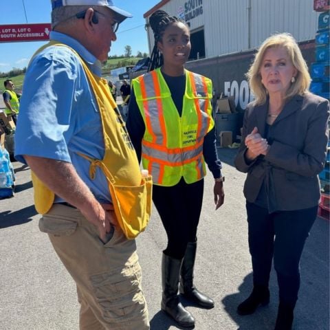 U.S. Senator Marsha Blackburn visits with officials at the Northeast Tennessee Disaster Relief Center at Bristol Motor Speedway Monday.