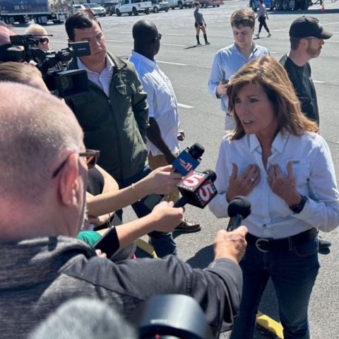 Tennessee Congresswoman Diana Harshbarger talks with media Monday following a tour of the Northeast Tennessee Disaster Relief Center.