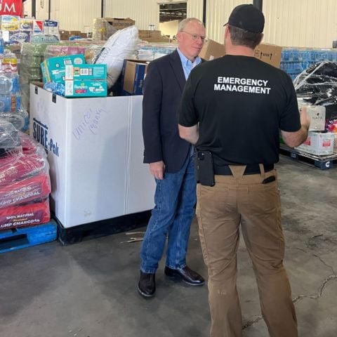 Tennessee District 6 Representative John Rose also toured the Northeast Tennessee Disaster Relief Center Monday afternoon. In this photo he talks with center administrator Brandon Smith.