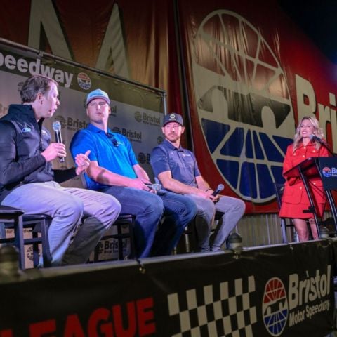 Emcee Amanda Busick of FOX Sports, right, chatted with the NASCAR trio of Brad Keselowski (Cup), Austin Hill (Xfinity) and Daniel Hemric (Craftsman Trucks) during the hour-long BMS Season Preview.