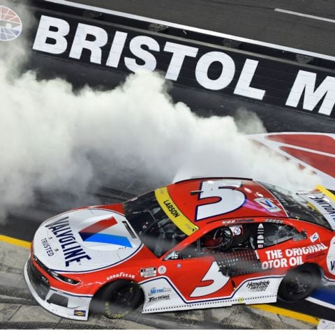 Kyle Larson has two Cup victories at Bristol, both coming recently at the crown jewel Bass Pro Shops Night Race. Here he performs his celebratory burnout after his Sept. 21 win.