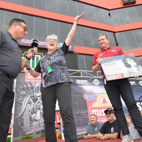 Shirley Muldowney is inducted into the Legends of Thunder Valley at Bristol Dragway by track President Jerry Caldwell on Sunday during pre-race ceremonies.