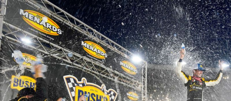 William Sawalich celebrated in Victory Lane after winning the Bush's Beans 200 ARCA Menards Series race in 2023.