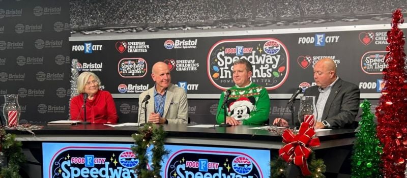 From Left to Right, SCC-Bristol's Claudia Byrd, Food City CEO Steve Smith, BMS President Jerry Caldwell and Food City Marketing Vice President Kevin Stafford announced today that Food City will take over the entitlement for the tradition-rich Speedway in Lights, which has been spreading holiday cheer throughout the Appalachian Highlands for 28 years. It serves as the largest annual fundraiser for SCC-Bristol.